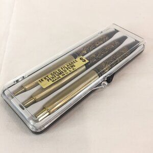 Lot of 3 Gold Filagree 14KT Pens Ballpoint Made In U.S.A. In Plastic Case *READ
